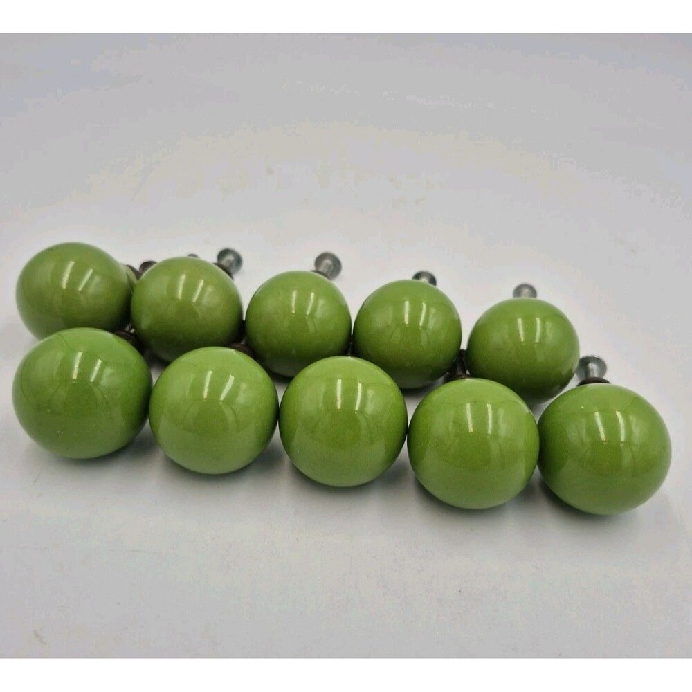 Vintage Lot Of 10 Green Round Porcelain Ceramic Drawer Knobs Excellent Condition
